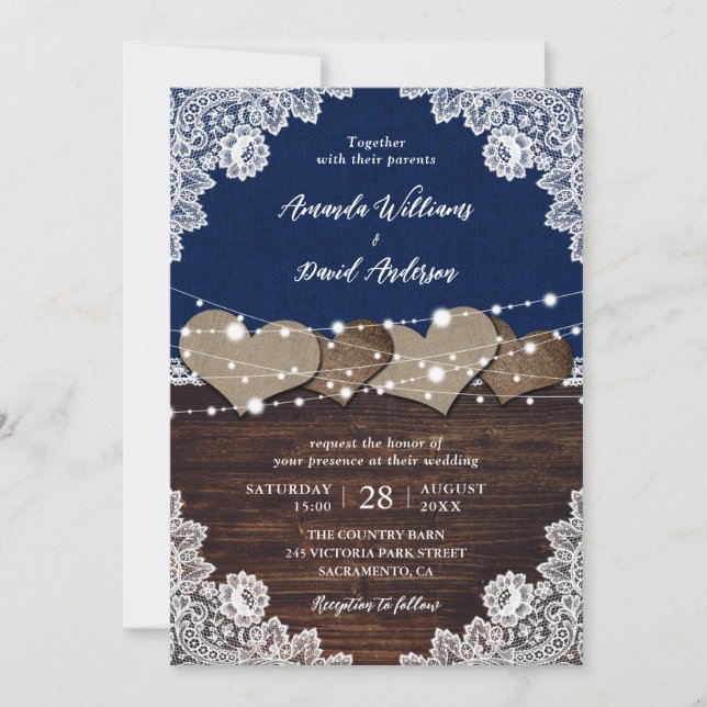 Rustikale Navy Blue Wood Burlap Lace Hochzeit Einladung (Vorderseite)