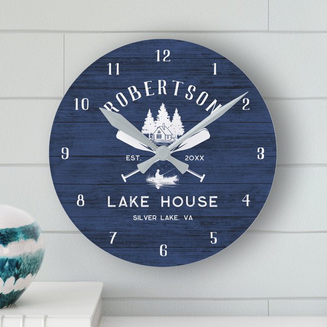Rustikale Navy Blue Wood Family Lake House Bäume Runde Wanduhr (Von Creator hochgeladen)