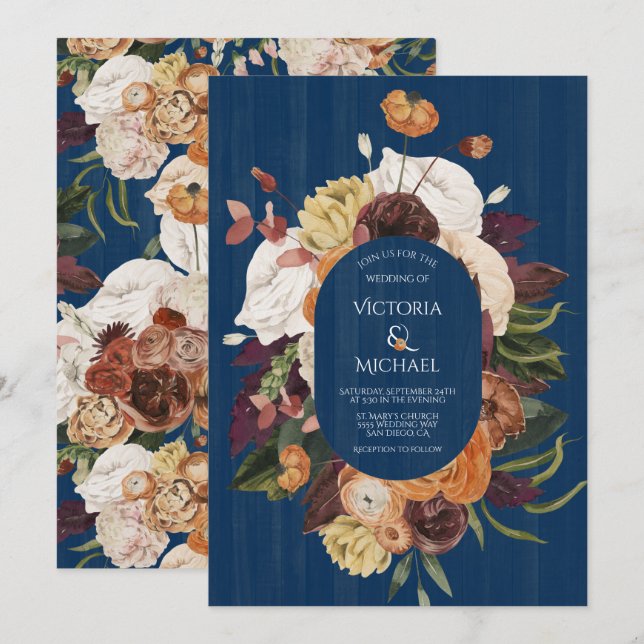 Rustikale Navy Blue Wood Herbst Blumenzeremonie Einladung (Vorne/Hinten)