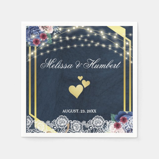 Rustikale Navy Blue Wood Lace String Lights Hochze Serviette (Vorderseite)