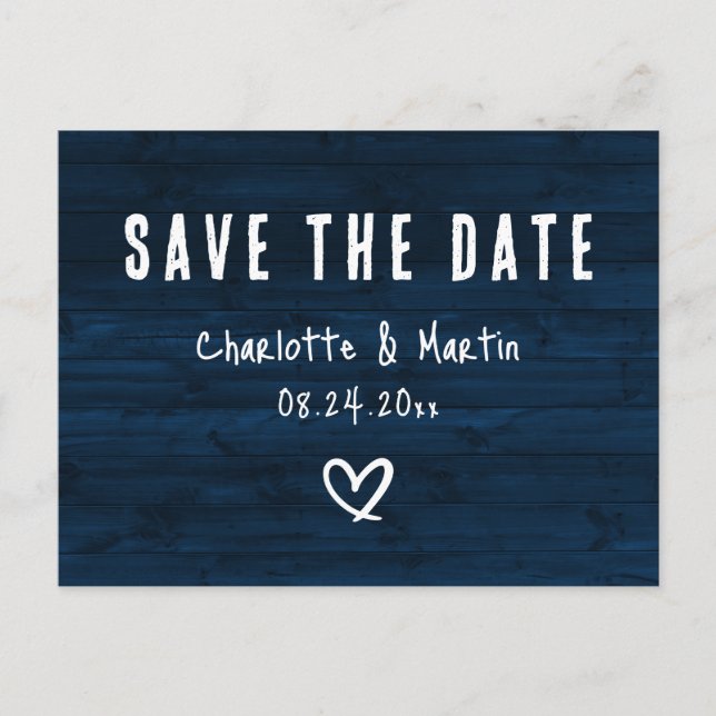 Rustikale Navy Blue Wood Wedding rettet das Datum Postkarte (Vorderseite)