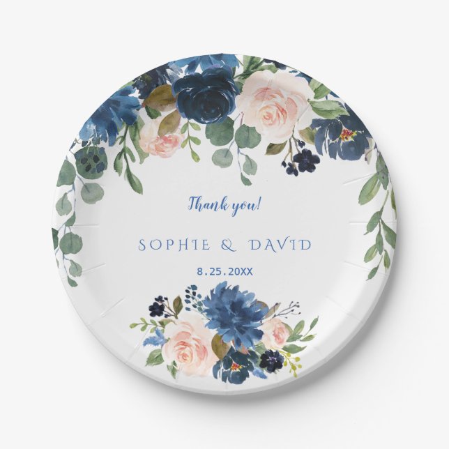 Rustikale Navy Blush Blume Blütenhochzeit Pappteller (Vorderseite)
