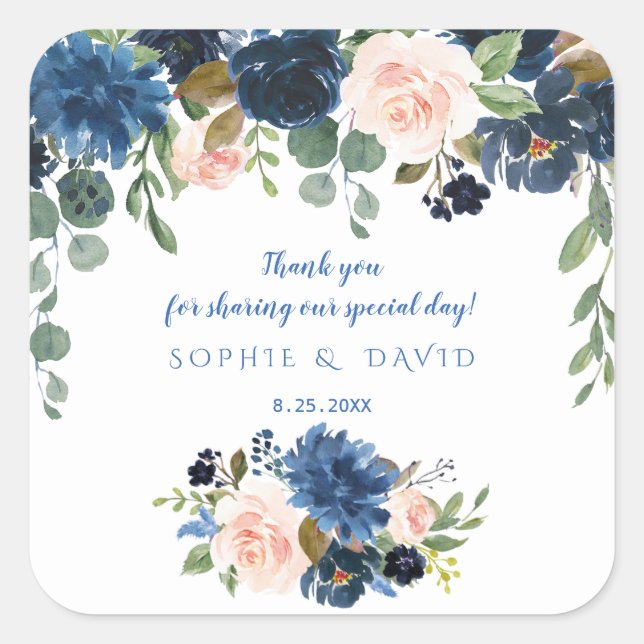 Rustikale Navy Blush Blume Blütenhochzeit Quadratischer Aufkleber (Vorderseite)
