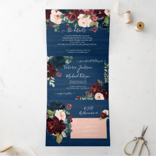 Rustikale Navy Blush & Burgund Blumenhochzeit Dreifach Gefaltete Einladung