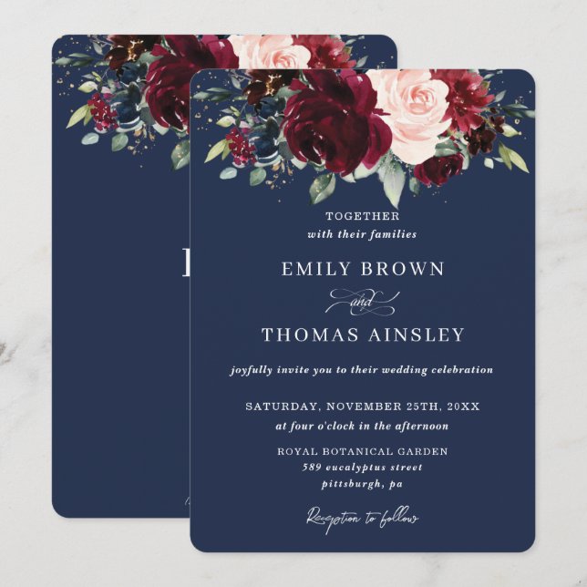 Rustikale Navy Blush Burgund Blumenhochzeit Einladung (Vorne/Hinten)