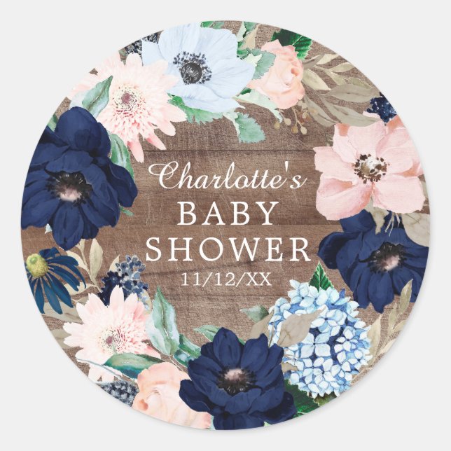 Rustikale Navy & Blush Floral Baby Dusche Gefallen Runder Aufkleber (Vorderseite)