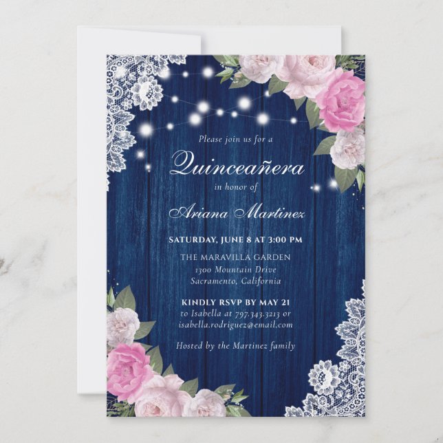 Rustikale Navy Blush Pink Floral Quinceañera Einladung (Vorderseite)