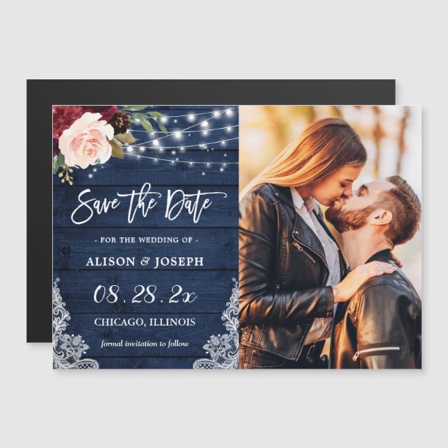 Rustikale Navy Floral Save the Date Magnetkarte (Vorne/Hinten)