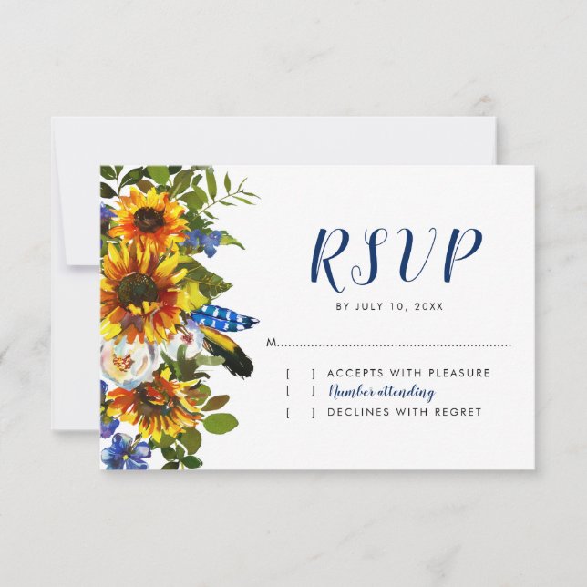 Rustikale Navy Sonnenblume Boho Wedding RSVP (Vorderseite)