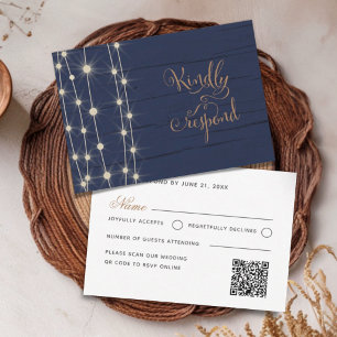 Rustikale Navy- und Gold-Lichterketten-Hochzeit RSVP Karte