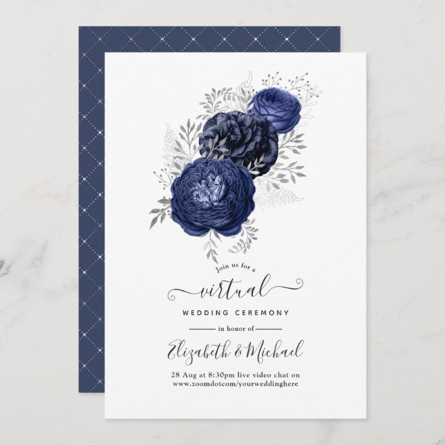 Rustikale Navy und Silver Floral Virtual Wedding Einladung (Vorne/Hinten)