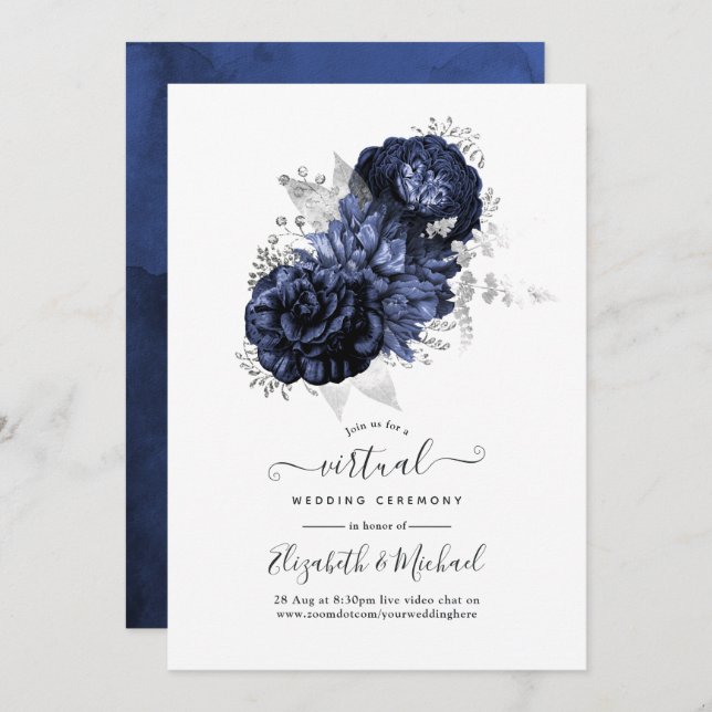 Rustikale Navy und Silver Floral Virtual Wedding Einladung (Vorne/Hinten)