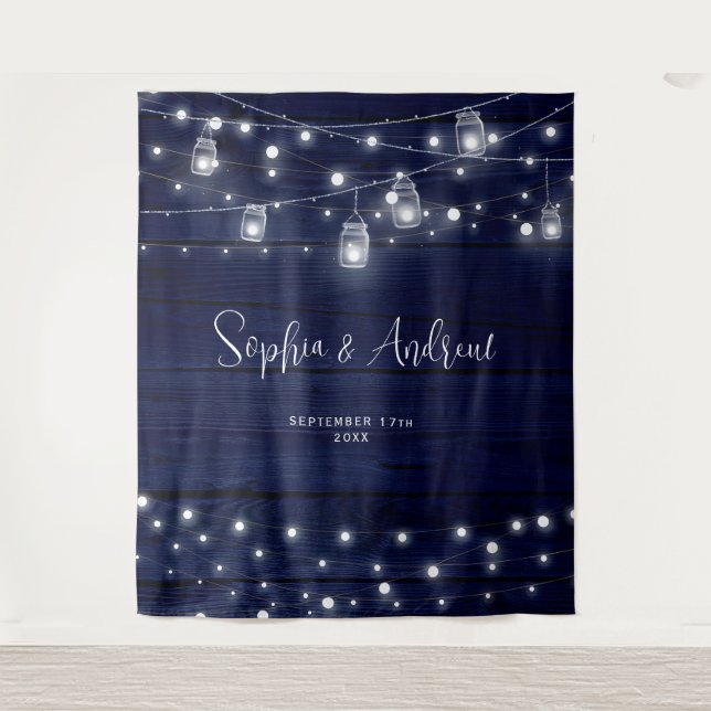 Rustikale Navy Wood Mason Jars Lights Wandteppich (Vorderseite)