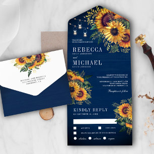 Rustikale Navyblaue Holz-Boho-Sonnenblumen-Hochzei All In One Einladung