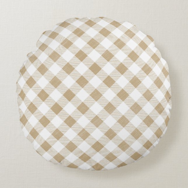 Rustikale neutrale Beige Gingham Kariert Rundes Kissen (Vorderseite)