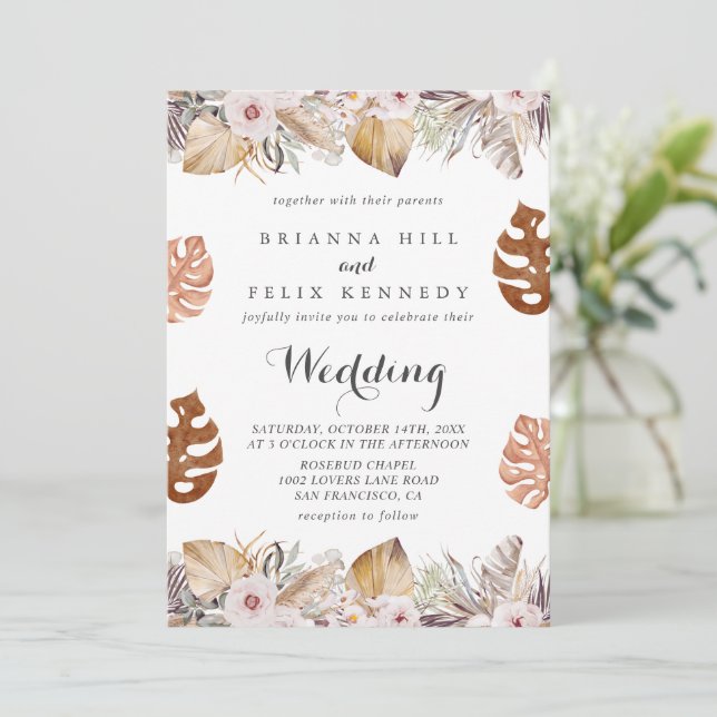 Rustikale neutrale Boho-Hochzeit Einladung (Stehend Vorderseite)