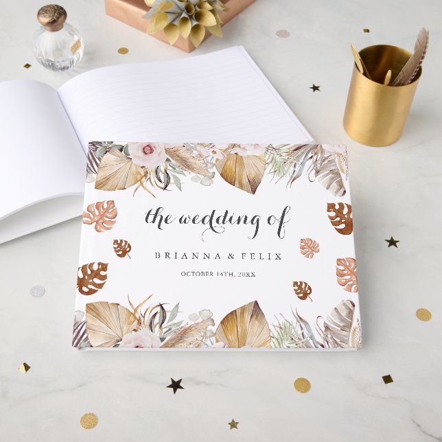 Rustikale neutrale Boho-Hochzeit Gästebuch (Vorderseite Offen)