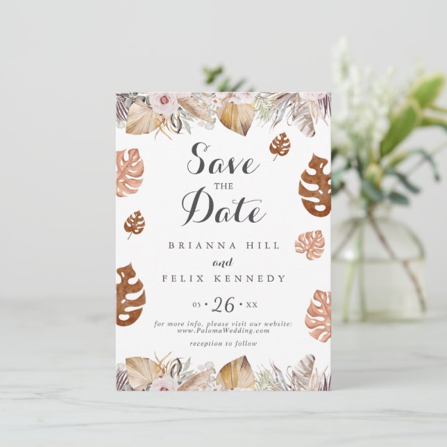 Rustikale neutrale Boho-Hochzeit Save The Date (Stehend Vorderseite)