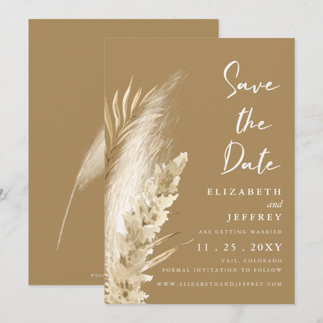 Rustikale neutrale Erden Boho Pampas Save the Date Ankündigung (Vorne/Hinten)