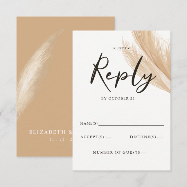 Rustikale neutrale Groß-Hochzeit von Boho Pampas RSVP Karte (Vorne/Hinten)