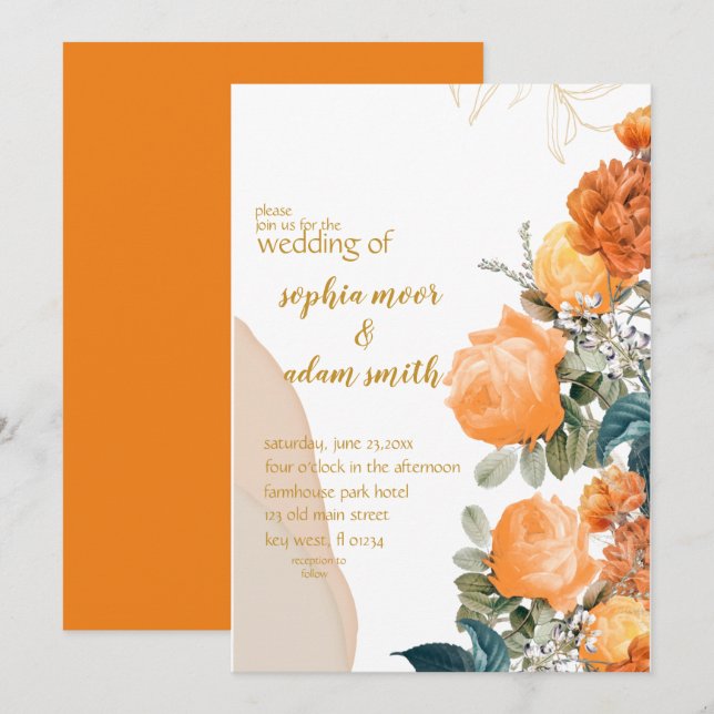 Rustikale neutrale orangefarbene Blütenhochzeit Einladung (Vorne/Hinten)