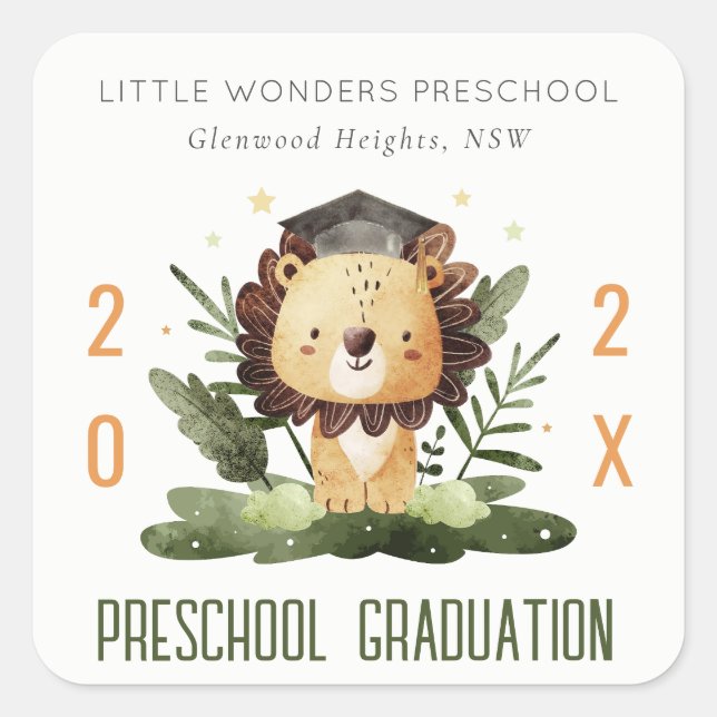 Rustikale Niedlich Kids Lion Foliage Preschool Abs Quadratischer Aufkleber (Vorderseite)