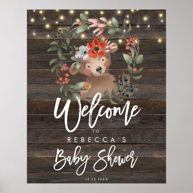 rustikale niedliche Bär Babydusche Begrüßungszeich Poster (Vorne)