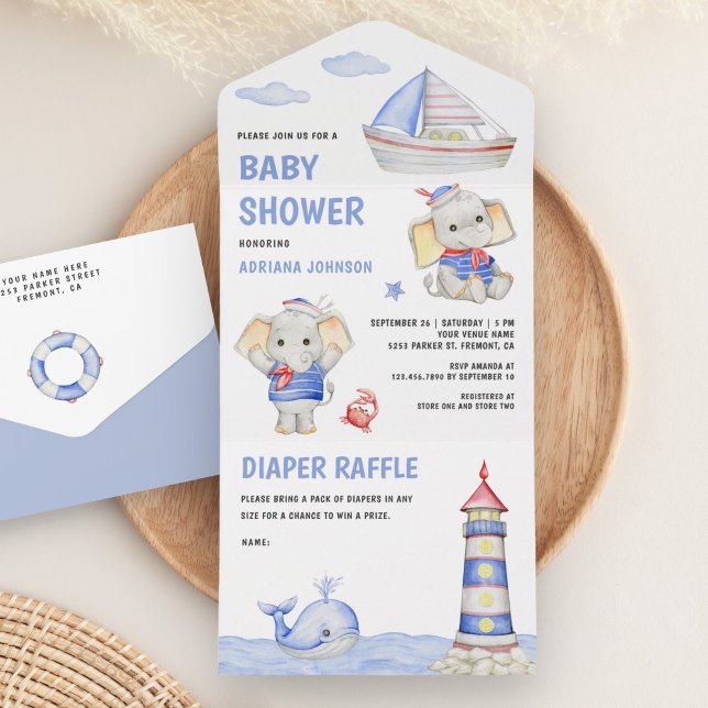Rustikale Niedliche Elefant Nautical Boat Babydusc All In One Einladung (Von Creator hochgeladen)