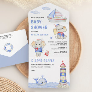 Rustikale niedliche Elefant-Nautik-Boot-Baby-Party All In One Einladung