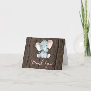 Rustikale Niedliche Elephant Baby Girl Pink und Gr Dankeskarte