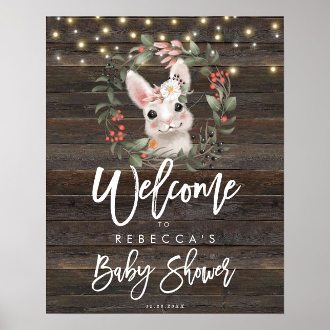 rustikale niedliche Kaninchen Babydusche Begrüßung Poster (Vorne)