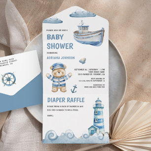 Rustikale Niedliche Teddy Bear Nautical Boat Babyd All In One Einladung