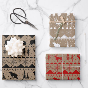 Rustikale nordische Wintertiere mit gemischten Far Geschenkpapier Set