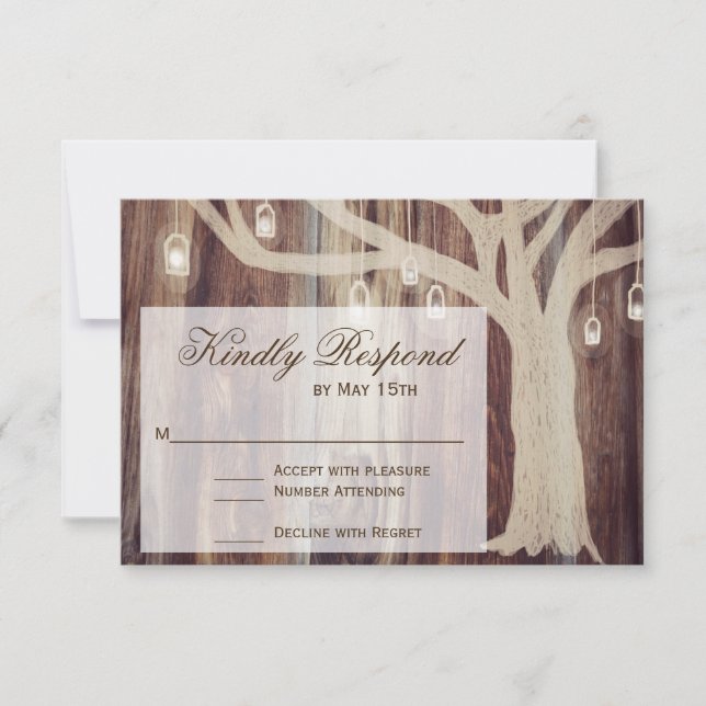 Rustikale Oak Tree Lights Wood Wedding RSVP Cards Karte (Vorderseite)