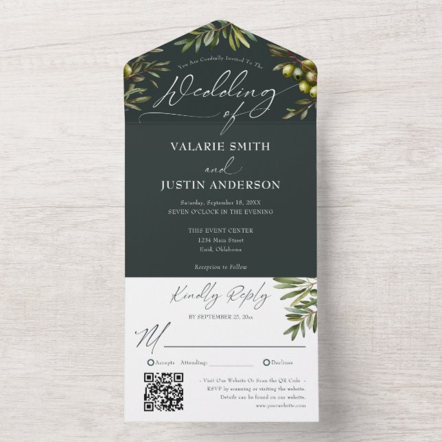 Rustikale Olive Branch Dark Green Wedding All In One Einladung (Innen Boden)