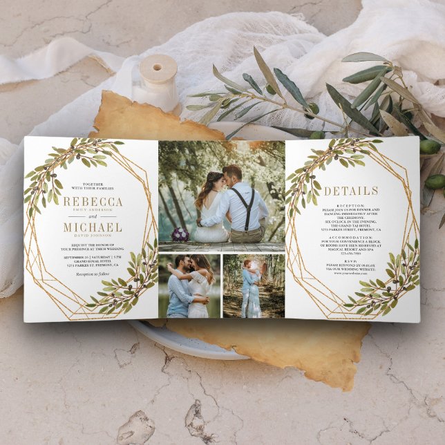 Rustikale Olive Branch Gold Rahmen Hochzeit Dreifach Gefaltete Einladung (Von Creator hochgeladen)