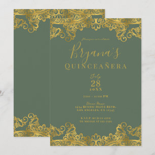 Rustikale Olive- und Goldspitze Elegante Quinceañe Einladung