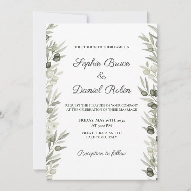Rustikale Olivenzweig und blumenreiche Hochzeit Einladung (Vorderseite)
