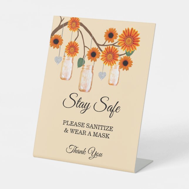 Rustikale Orange Blume Mason Jar Hochzeitsicherhei Sockelschild (Vorderseite)
