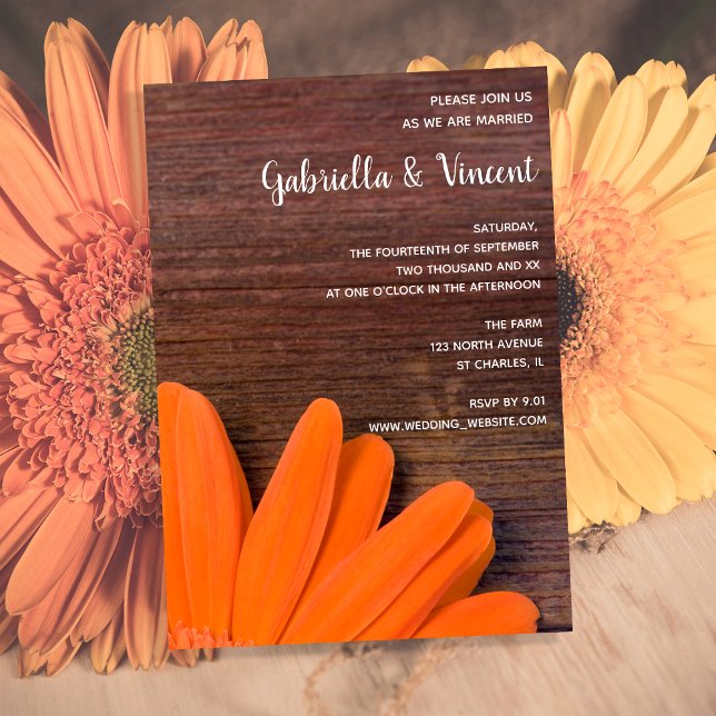 Rustikale Orange Daisy and Barn Wood Wedding Einladung (Von Creator hochgeladen)
