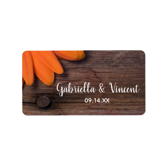 Rustikale Orange Daisy und Barnholz Country Weddin Adressaufkleber (Vorne)