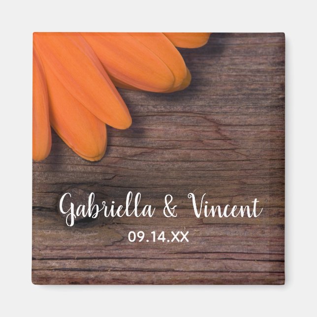Rustikale Orange Daisy und Barnholz Country Weddin Magnet (Vorne)