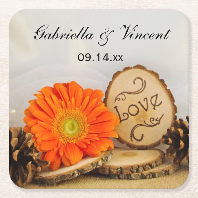 Rustikale Orange Daisy Woodland Wedding Rechteckiger Pappuntersetzer (Vorderseite)