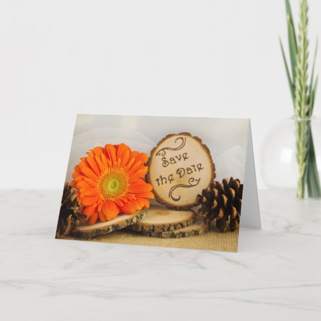 Rustikale Orange Daisy Woodland Wedding rettet das Ankündigung (Vorderseite)