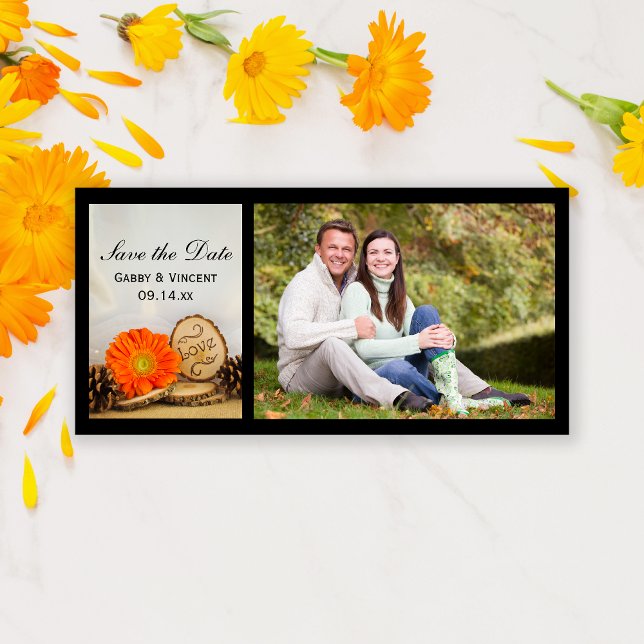Rustikale Orange Daisy Woodland Wedding rettet das Save The Date (Von Creator hochgeladen)
