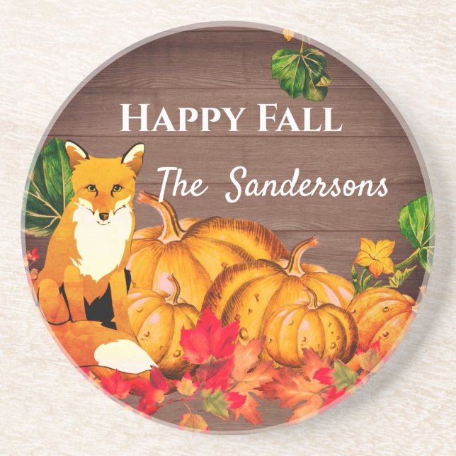 Rustikale Orange Fox Pumpkin Herbst Herbst Blätter Getränkeuntersetzer (Vorne)