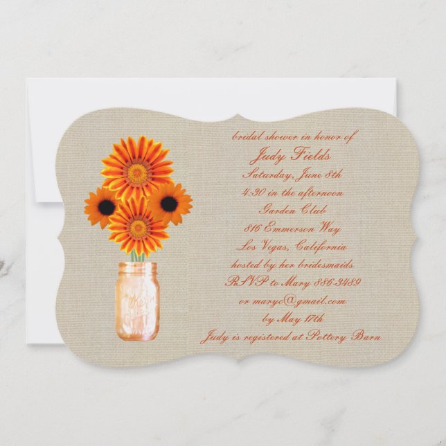 Rustikale Orange Mason Jar Bridal Dusche Einladung (Vorderseite)