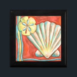 Rustikale Orange Seashells Schmuckschachtel<br><div class="desc">Entdecken Sie den warmen Sand und die versteckten Schätze! Dieses Gemälde von Nancy Slocum erfasst das schöne Wasserleben an Land. Es fängt die schöne orangefarbene Muschel,  einen orangefarbenen Seestern und einen lebhaften,  blauen Sand Dollar ein. Holen Sie sich heute Ihre schöne Meereskunst auf Ihrem nächsten Zazzle-Produkt.</div>
