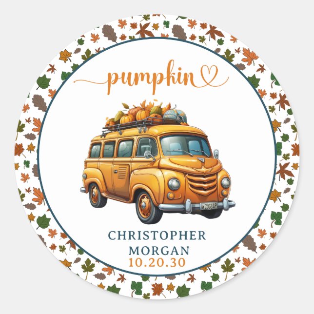 Rustikale Orange Truck Kleine Pumpkin Baby Dusche Runder Aufkleber (Vorderseite)