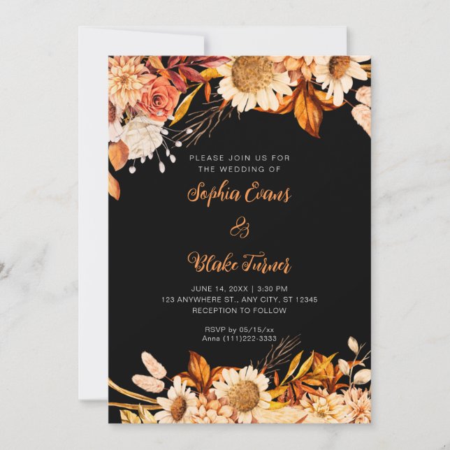 Rustikale Orange White Blume Boho Gray Wedding Einladung (Vorderseite)
